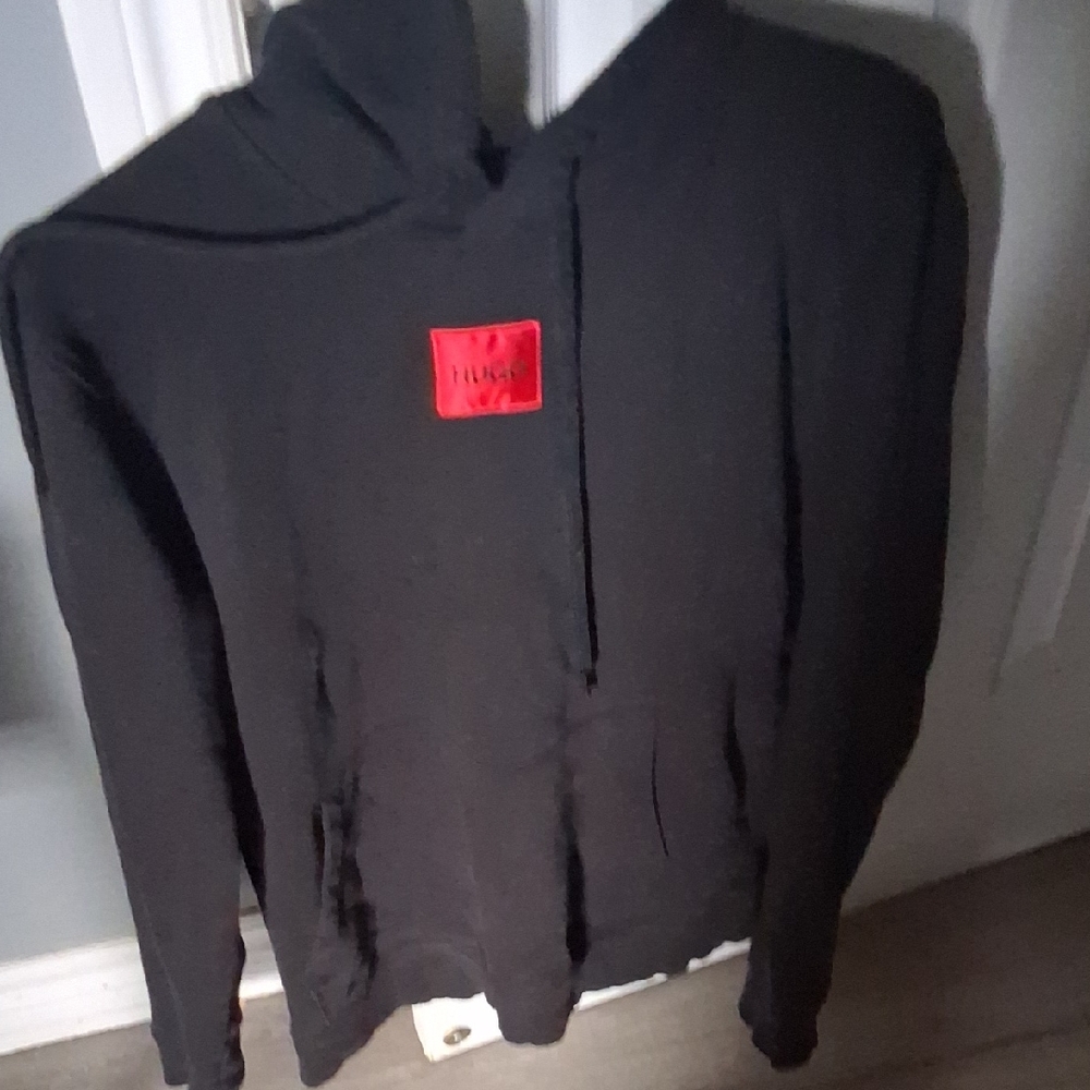 HUGO Black Hoodie with Red Patch